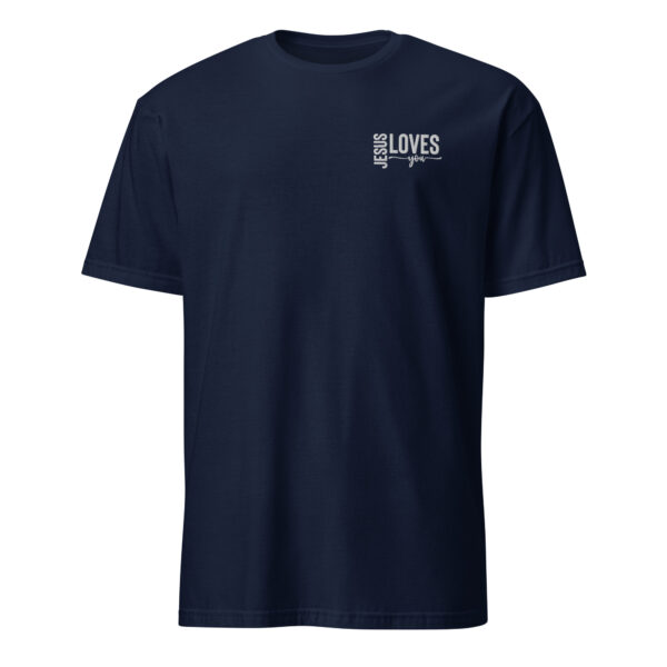 Jesus t shirt gift for man with the word jesus loves you embroidered white color, Unisex T-Shirt - Image 3